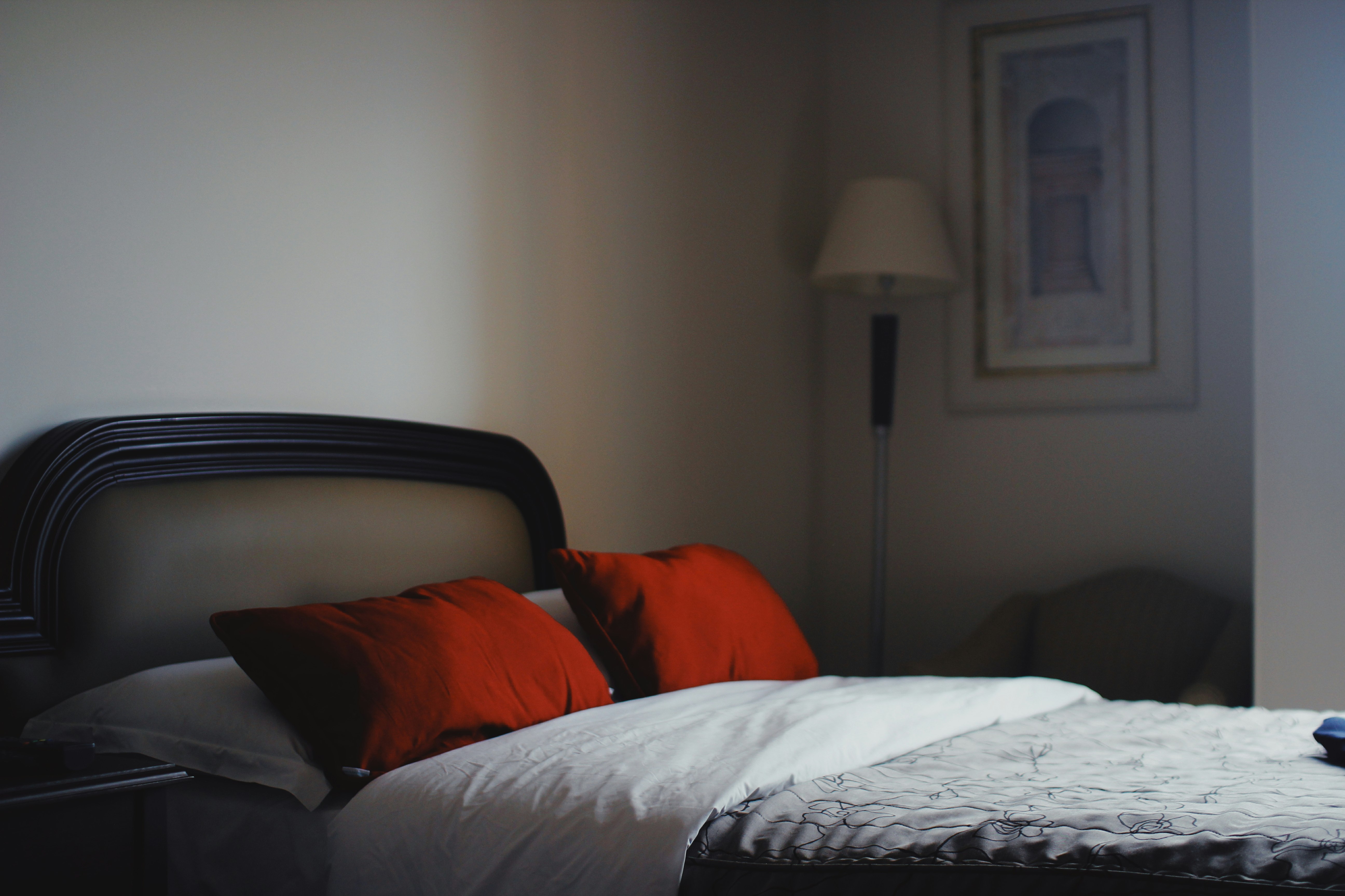 two red pillows and gray and white floral bedspread